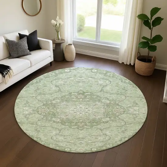 8' Artichoke Green And Ivory Medallion Washable Round Rug With UV Protection Photo 4