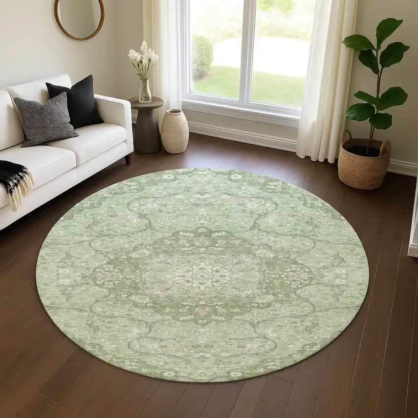 8' Artichoke Green And Ivory Medallion Washable Round Rug With UV Protection Photo 4
