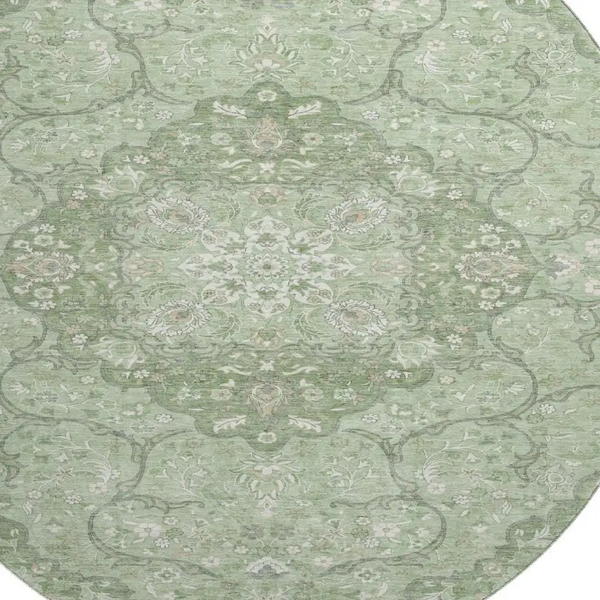 8' Artichoke Green And Ivory Medallion Washable Round Rug With UV Protection Photo 2