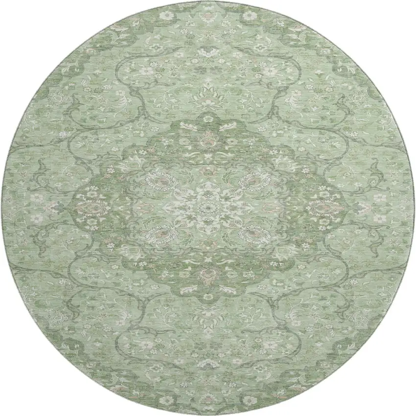 8' Artichoke Green And Ivory Medallion Washable Round Rug With UV Protection Photo 1