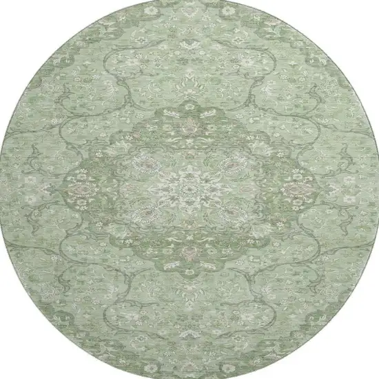 8' Artichoke Green And Ivory Medallion Washable Round Rug With UV Protection Photo 3