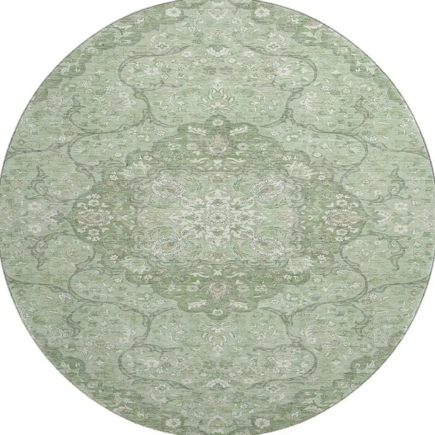 8' Artichoke Green And Ivory Medallion Washable Round Rug With UV Protection Photo 3