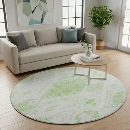 8' Artichoke Green And Ivory Moroccan Washable Round Rug With UV Protection Photo 2