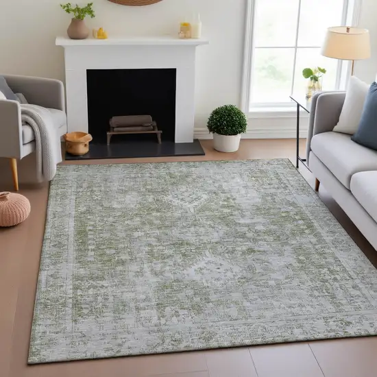 8' Artichoke Green And Ivory Oriental Washable Area Rug With UV Protection Photo 4