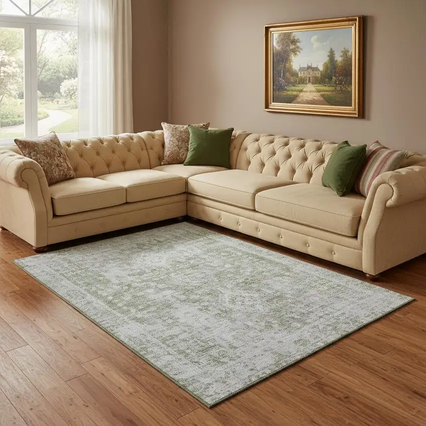 8' Artichoke Green And Ivory Oriental Washable Area Rug With UV Protection Photo 2