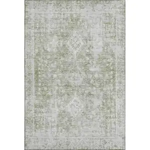 Photo of 8' Artichoke Green And Ivory Oriental Washable Area Rug With UV Protection