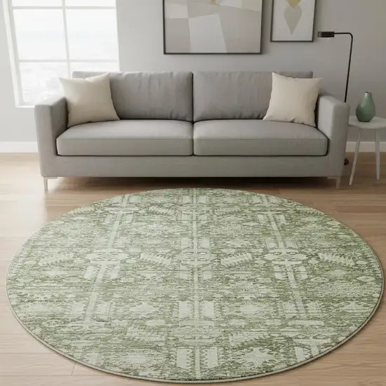 8' Artichoke Green And Ivory Oriental Washable Round Rug With UV Protection Photo 2