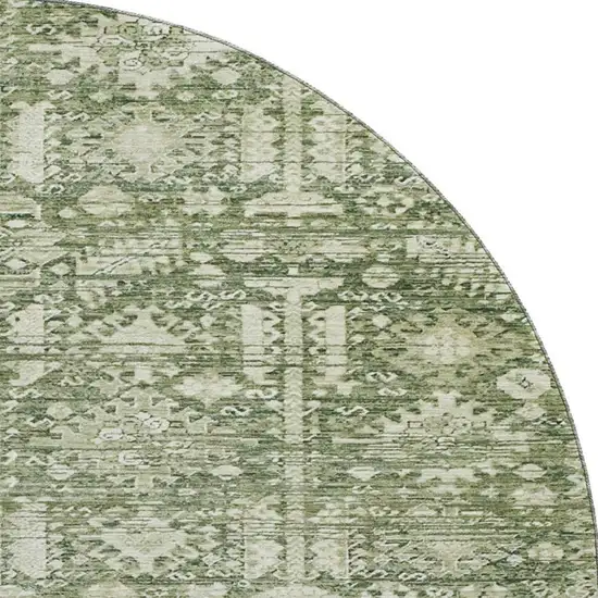 8' Artichoke Green And Ivory Oriental Washable Round Rug With UV Protection Photo 3