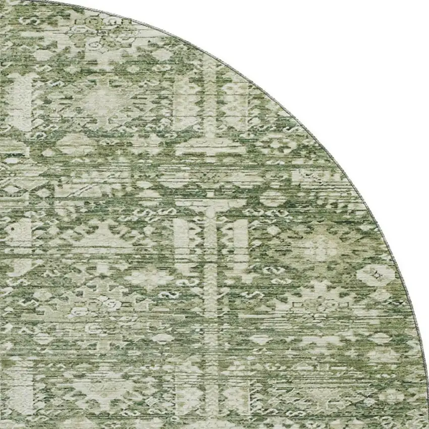8' Artichoke Green And Ivory Oriental Washable Round Rug With UV Protection Photo 3