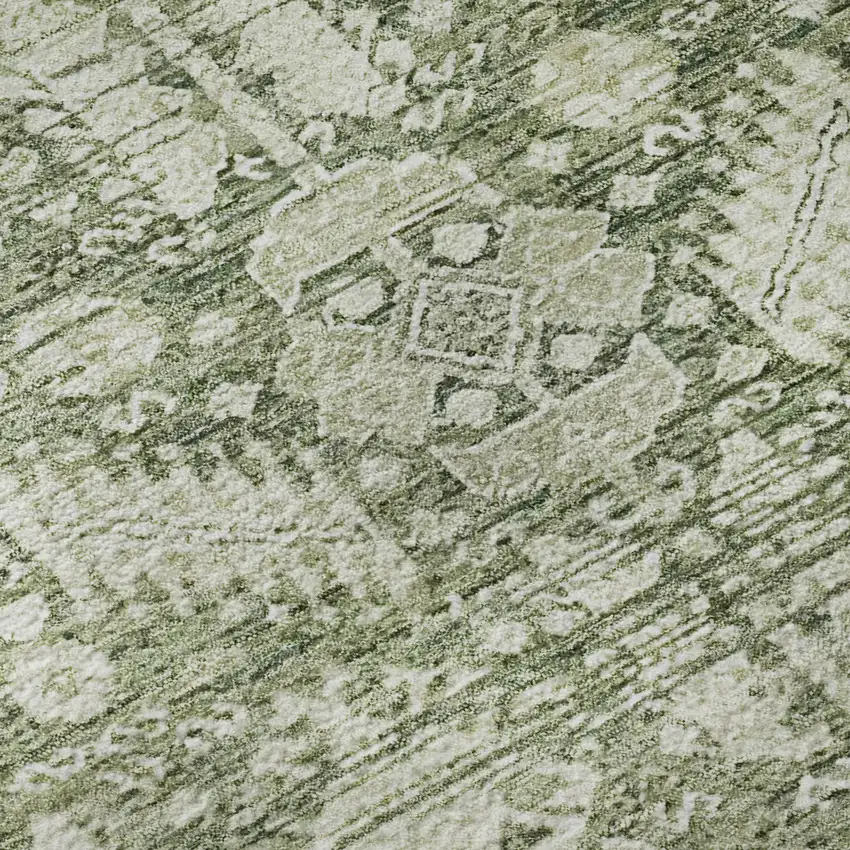 8' Artichoke Green And Ivory Oriental Washable Round Rug With UV Protection Photo 8