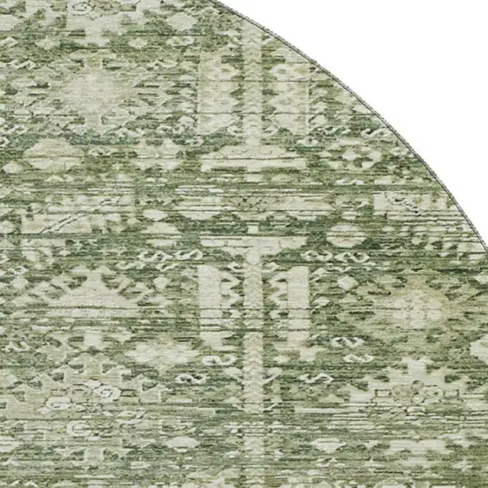 8' Artichoke Green And Ivory Oriental Washable Round Rug With UV Protection Photo 2