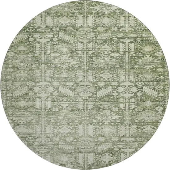 8' Artichoke Green And Ivory Oriental Washable Round Rug With UV Protection Photo 1