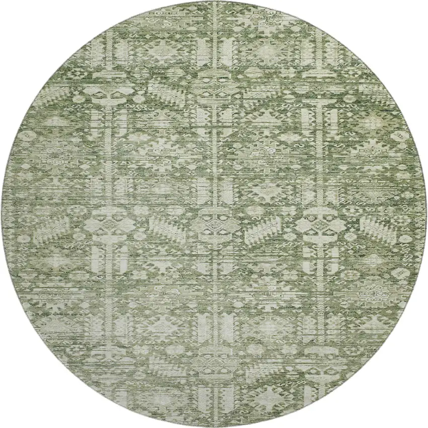 8' Artichoke Green And Ivory Oriental Washable Round Rug With UV Protection Photo 1