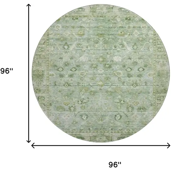 8' Artichoke Green And Ivory Oriental Washable Round Rug With UV Protection Photo 9