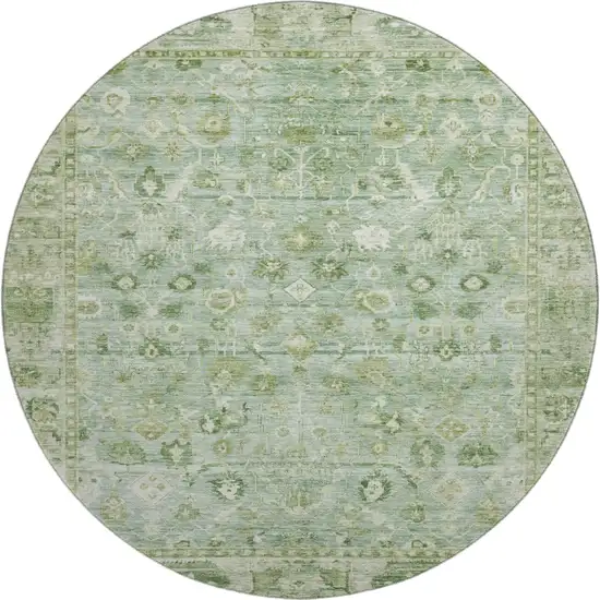 8' Artichoke Green And Ivory Oriental Washable Round Rug With UV Protection Photo 1