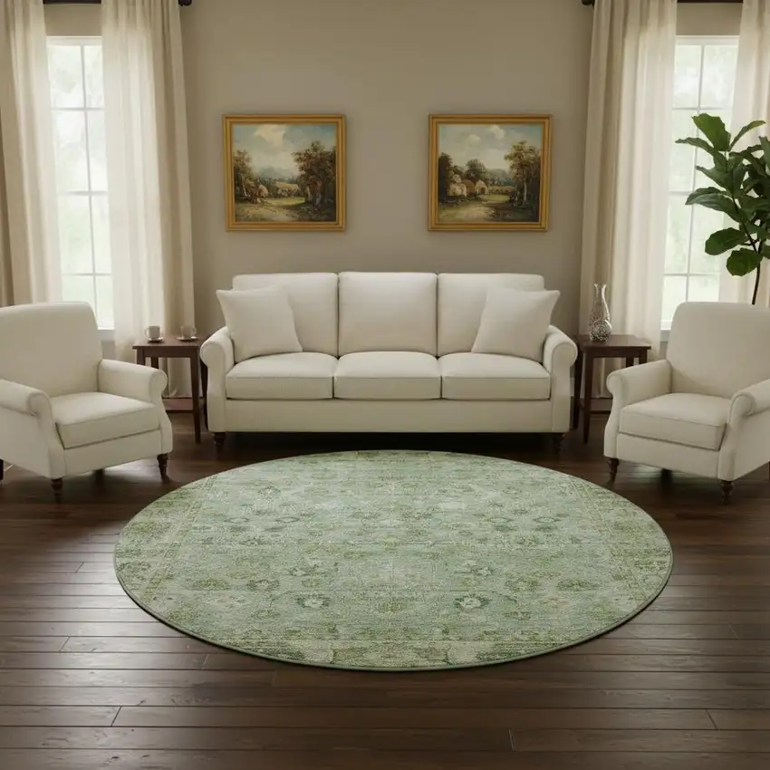 8' Artichoke Green And Ivory Oriental Washable Round Rug With UV Protection Photo 2