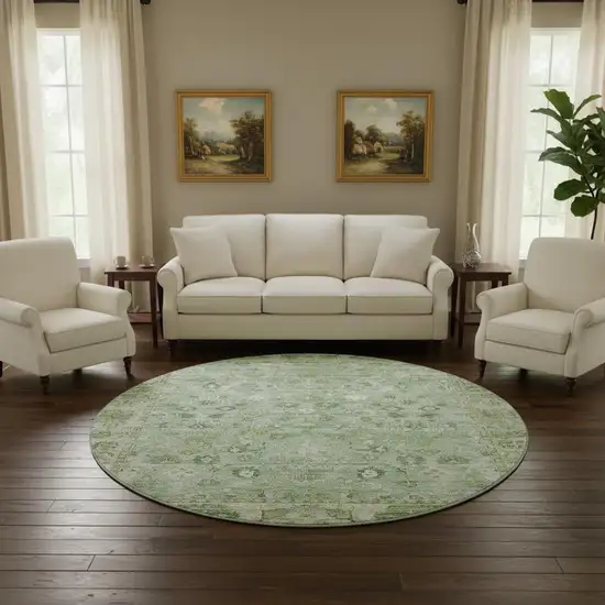 8' Artichoke Green And Ivory Oriental Washable Round Rug With UV Protection Photo 2