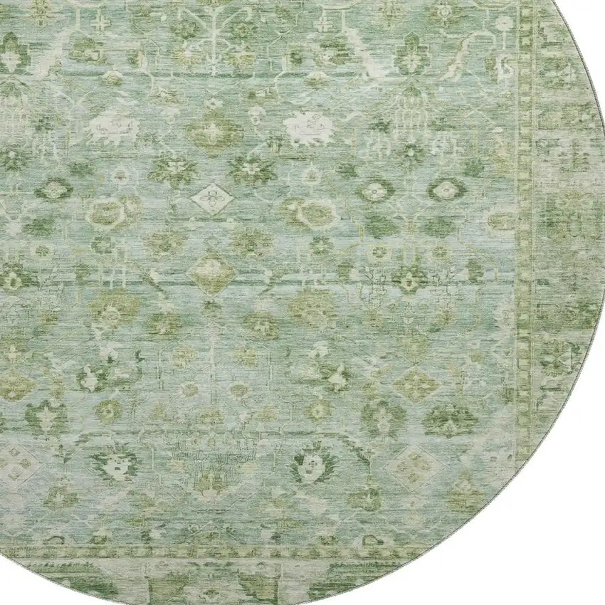 8' Artichoke Green And Ivory Oriental Washable Round Rug With UV Protection Photo 2