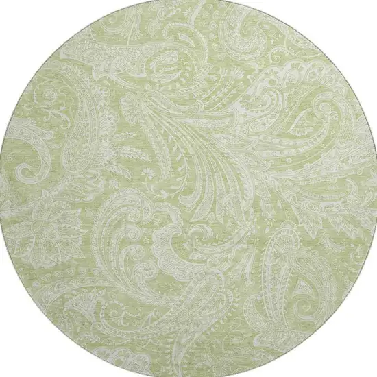 8' Artichoke Green And Ivory Paisley Washable Round Rug With UV Protection Photo 3