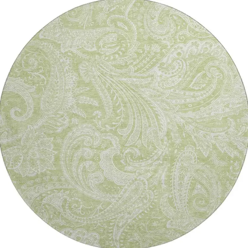 8' Artichoke Green And Ivory Paisley Washable Round Rug With UV Protection Photo 3