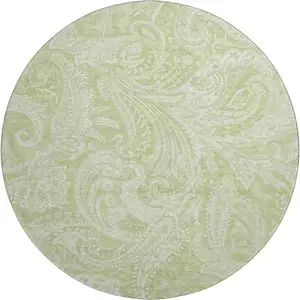 Photo of 8' Artichoke Green And Ivory Paisley Washable Round Rug With UV Protection
