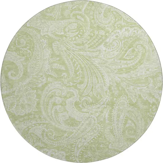 8' Artichoke Green And Ivory Paisley Washable Round Rug With UV Protection Photo 1