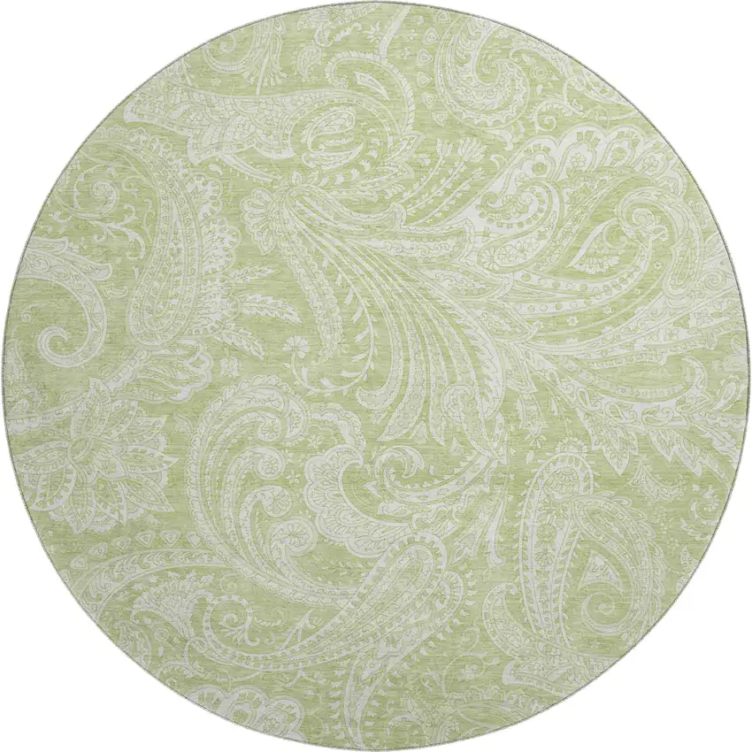 8' Artichoke Green And Ivory Paisley Washable Round Rug With UV Protection Photo 1