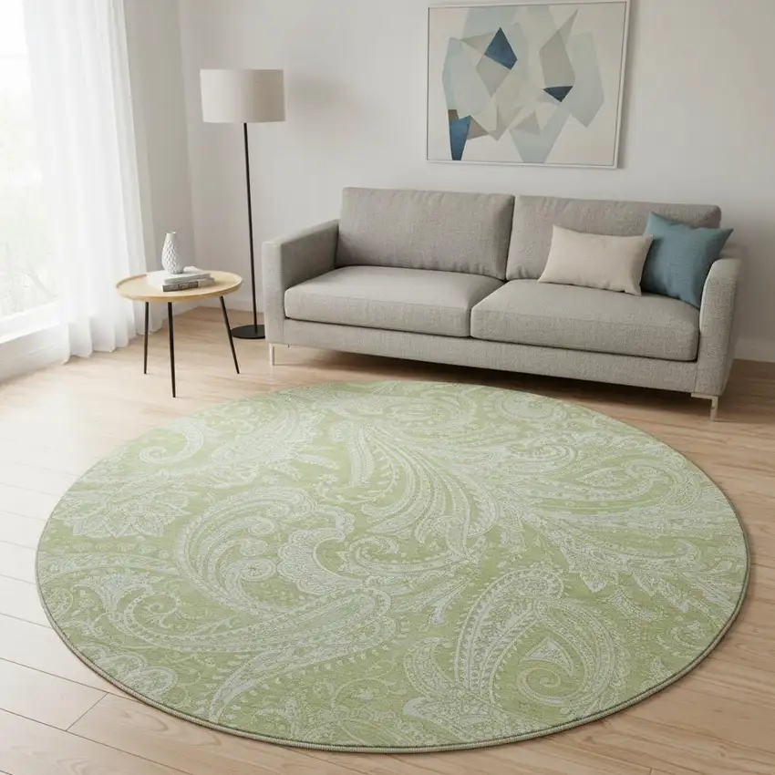 8' Artichoke Green And Ivory Paisley Washable Round Rug With UV Protection Photo 2