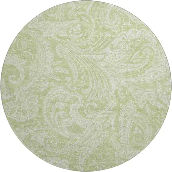 8' Artichoke Green And Ivory Paisley Washable Round Rug With UV Protection Photo 2