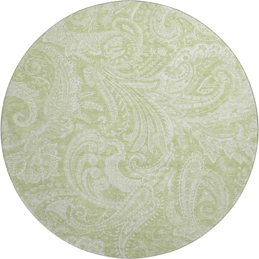 8' Artichoke Green And Ivory Paisley Washable Round Rug With UV Protection Photo 2