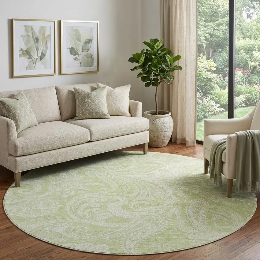 8' Artichoke Green And Ivory Paisley Washable Round Rug With UV Protection Photo 1