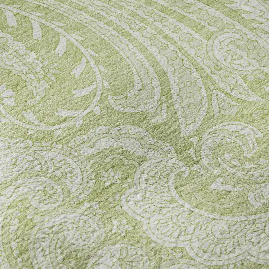 8' Artichoke Green And Ivory Paisley Washable Round Rug With UV Protection Photo 7