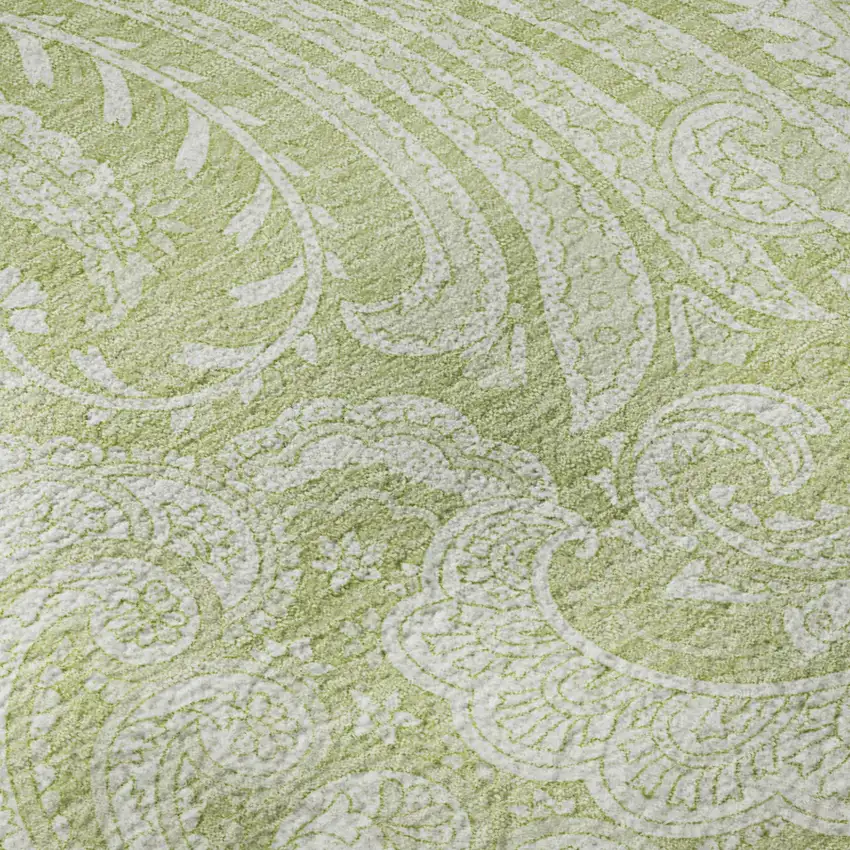8' Artichoke Green And Ivory Paisley Washable Round Rug With UV Protection Photo 7