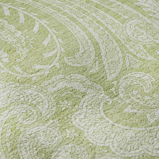 8' Artichoke Green And Ivory Paisley Washable Round Rug With UV Protection Photo 8
