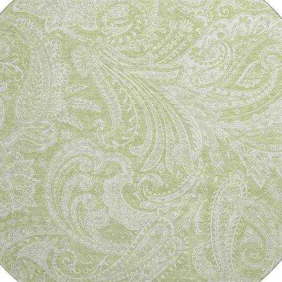 8' Artichoke Green And Ivory Paisley Washable Round Rug With UV Protection Photo 4
