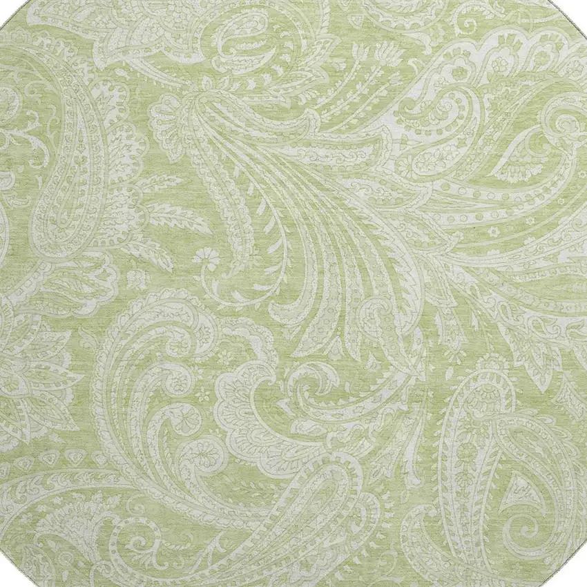 8' Artichoke Green And Ivory Paisley Washable Round Rug With UV Protection Photo 4