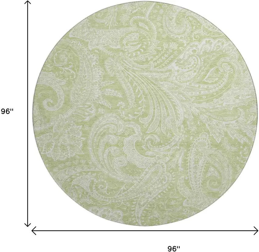8' Artichoke Green And Ivory Paisley Washable Round Rug With UV Protection Photo 6