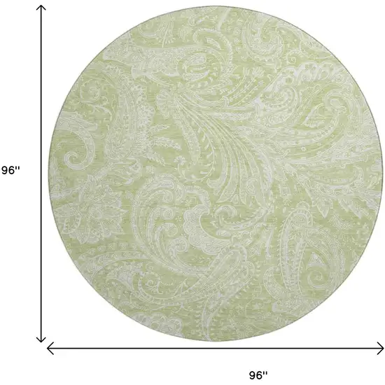 8' Artichoke Green And Ivory Paisley Washable Round Rug With UV Protection Photo 3