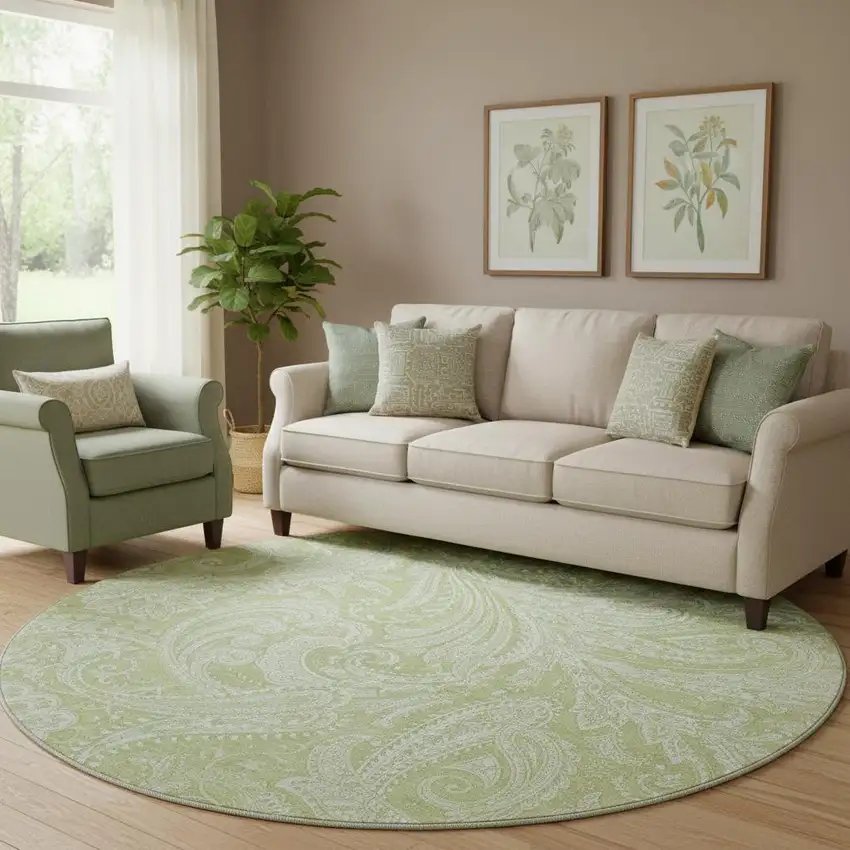 8' Artichoke Green And Ivory Paisley Washable Round Rug With UV Protection Photo 1