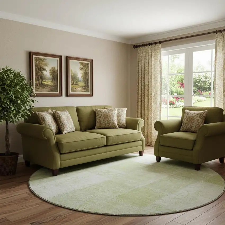 8' Artichoke Green And Ivory Patchwork Washable Round Rug With UV Protection Photo 1