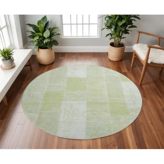 8' Artichoke Green And Ivory Patchwork Washable Round Rug With UV Protection Photo 2