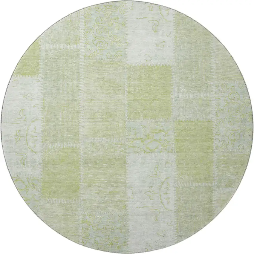 8' Artichoke Green And Ivory Patchwork Washable Round Rug With UV Protection Photo 3