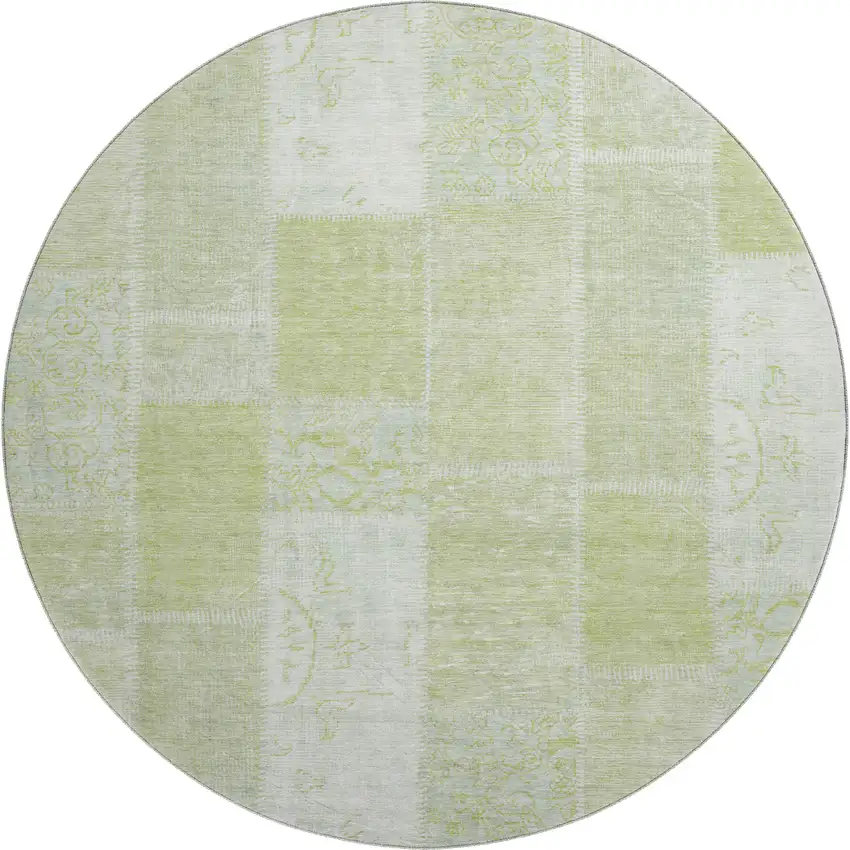 8' Artichoke Green And Ivory Patchwork Washable Round Rug With UV Protection Photo 1