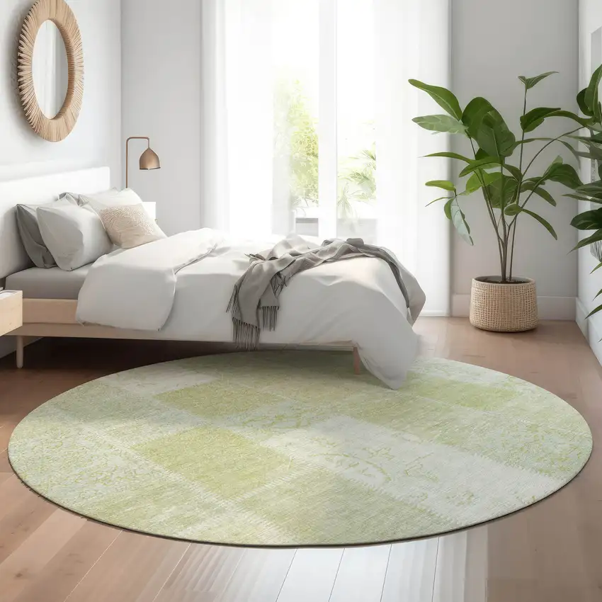 8' Artichoke Green And Ivory Patchwork Washable Round Rug With UV Protection Photo 4