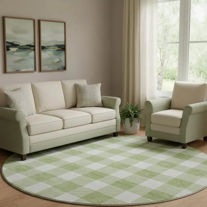 8' Artichoke Green And Ivory Plaid Washable Round Rug With UV Protection Photo 1