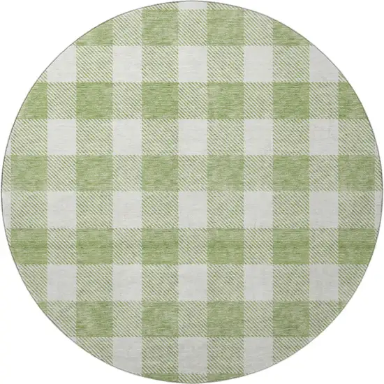 8' Artichoke Green And Ivory Plaid Washable Round Rug With UV Protection Photo 3