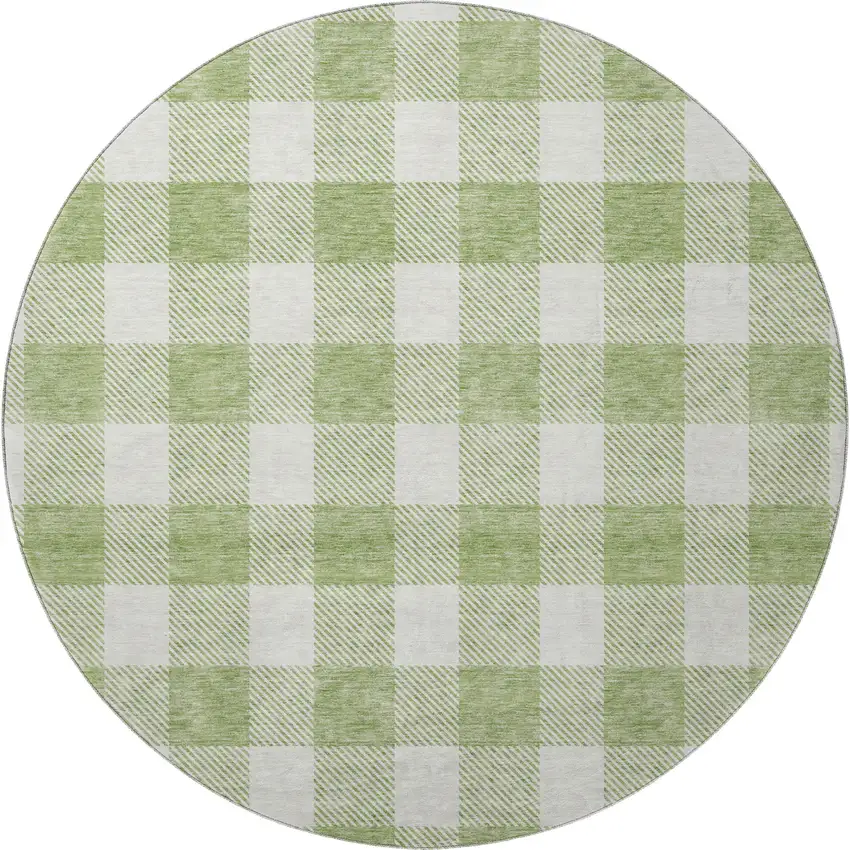 8' Artichoke Green And Ivory Plaid Washable Round Rug With UV Protection Photo 3