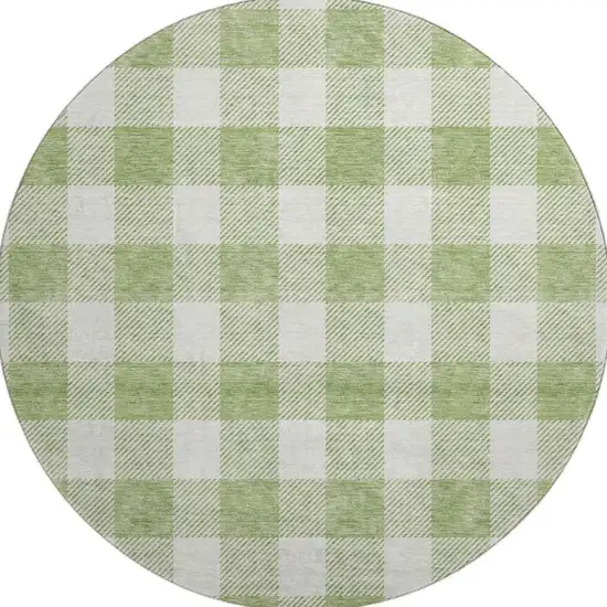 8' Artichoke Green And Ivory Plaid Washable Round Rug With UV Protection Photo 2