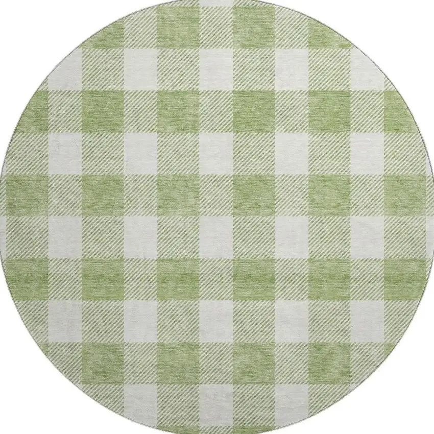 8' Artichoke Green And Ivory Plaid Washable Round Rug With UV Protection Photo 2