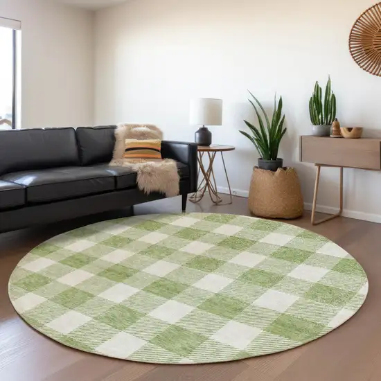 8' Artichoke Green And Ivory Plaid Washable Round Rug With UV Protection Photo 4